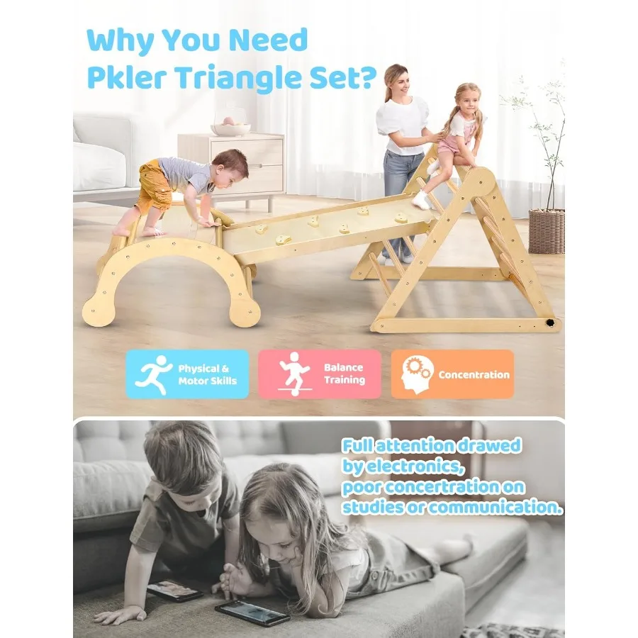大型ピクラー三角形セット 7-in-1、モンテッソーリクライミングトイ（1歳以上向け）、頑丈なベースと高さ調節機能付き、クイックフォールド式