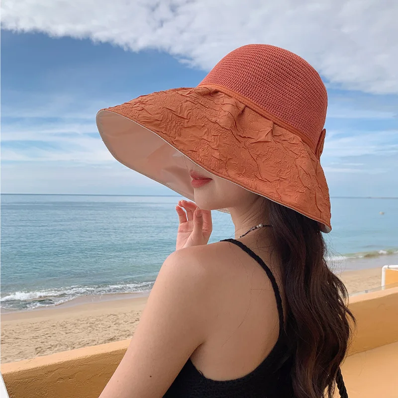 Korean Style New Women's High Quality Embossed Silver Glue Protection Summer Travel Wide Brim Windproof Sun Hat