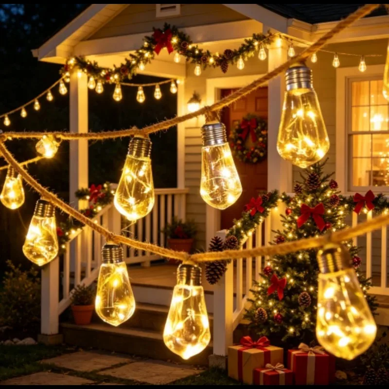 Solar Vintage Bulb String Lights, Waterproof Hemp Rope Outdoor Decor