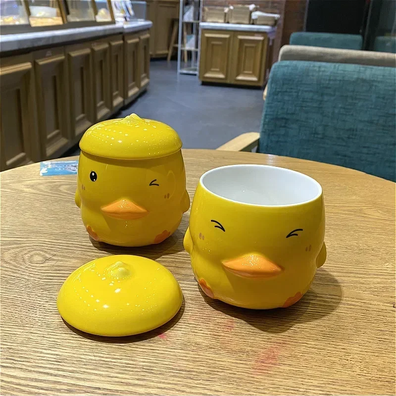 Little Yellow Duck Mug Lovely Animal Large Capacity Ceramic Water Bottle with Cover Handle Oatmeal Breakfast Cup Coffee Tumbler