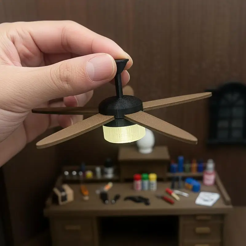Miniature Vintage Ceiling Fan With LED Light Ornament 1/12 Dollhouse Model Decor Dolls House Mini Scene Accessories Photo Ptops