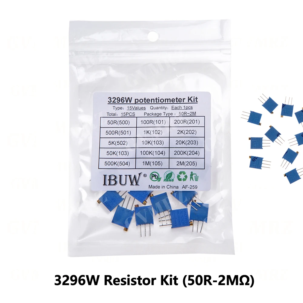 15PCS 15Values 3296W Resistor Kit (50R-2MΩ) for High-Precision Circuit Debugging & Electronic Device Calibration 50R 2MΩ