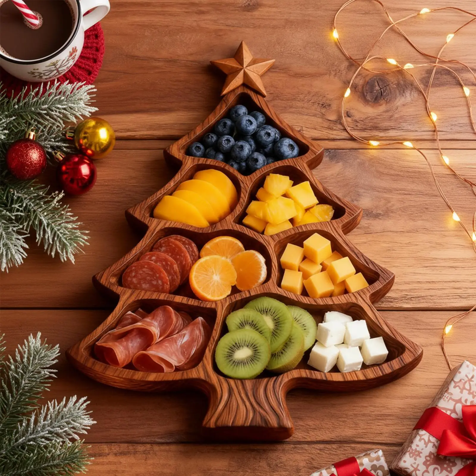 شجرة عيد الميلاد لوح فحم خشبي مقسم صينية طعام شجرة عيد الميلاد طبق تقديم الجبن لفاكهة الحلوى الجوز #4