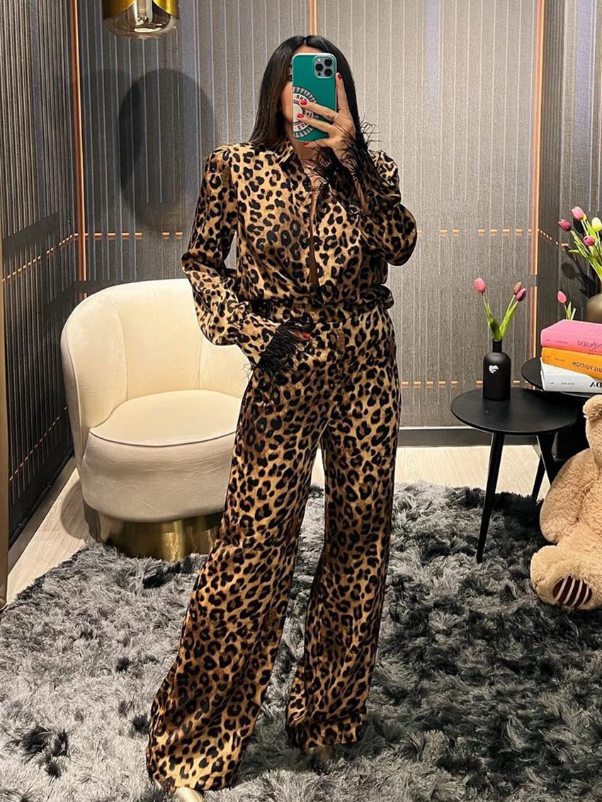 Marthaqiqi Leopard Female Pajama 2 Piece Set Long Sleeve Nightwear Turn-Down Collar Nightgowns Pants Casual Women Sleepwear Suit