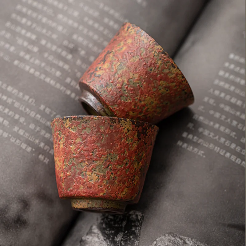 2Pcs Kiln Change Red Old Rock Mud Horseshoe Teacup Handmade Smelling Tea Cup 45ml Tea Ceremony Master Bowl