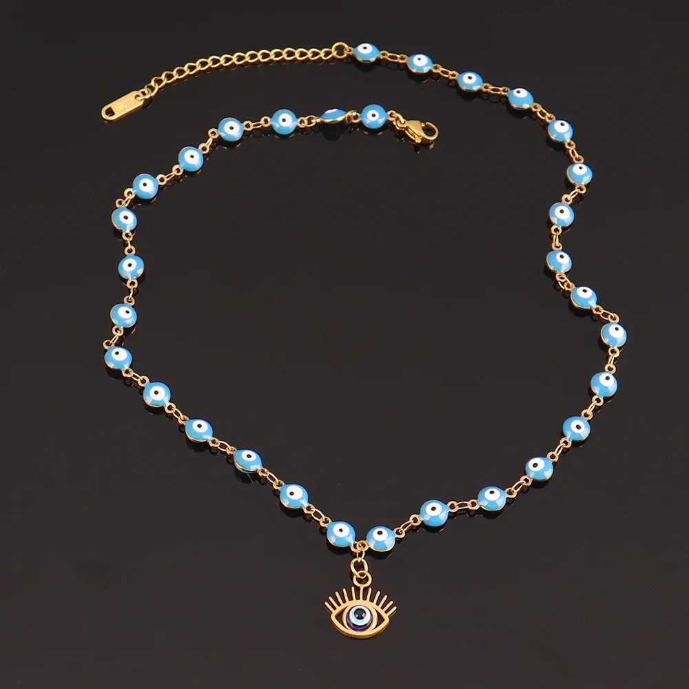 Blue Color Evil Eye Charms Necklace for Women Men Stainless Steel Lucky Turkish Eye Pendants Chain Necklace Choker Jewelry Gifts
