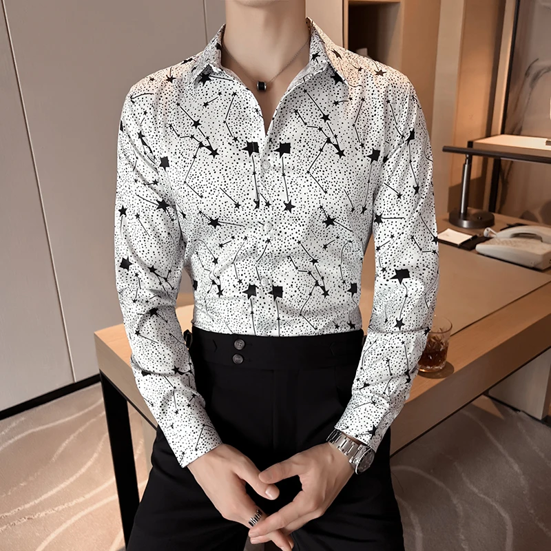Long-sleeved Star Polka Dot Printed Shirts for Men Autumn Spring Streetwear Mens Designer Shirt Nightclub Prom Camisa Masculina