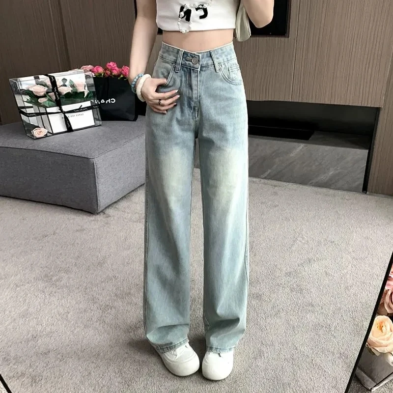 

2025 New Autumn Fashion High Waist Thin Cowboy Trousers Women Loose Wide Leg Denim Pants Female Washed Straight-leg Jeans Ladies