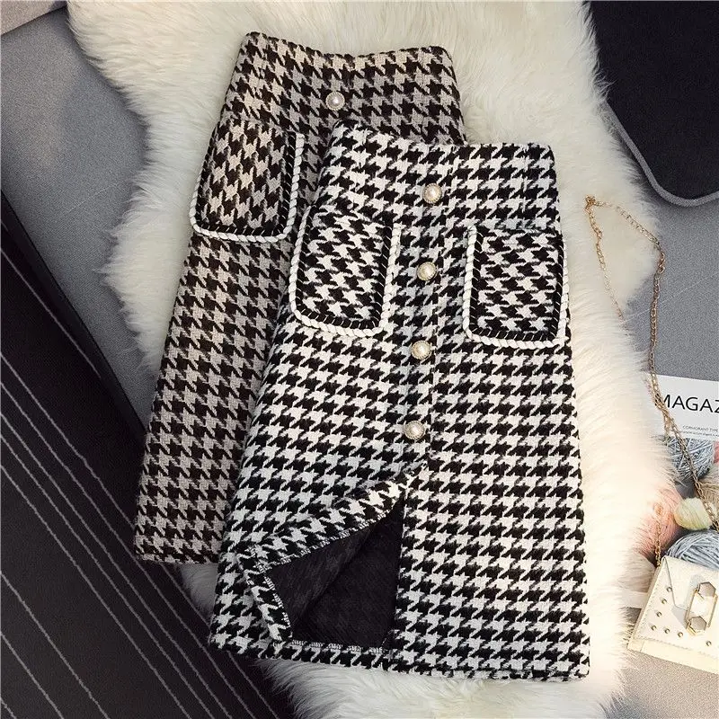 

2023 Woman Autumn Winter New Houndstooth Slim Skirts Female High Waist Pockets Skits Ladies Knee-Length Pencil Skirts Y559