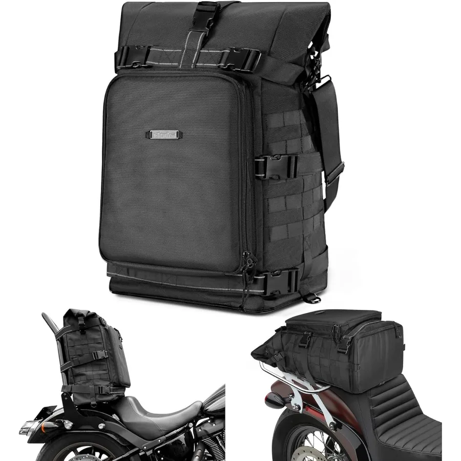 

Motorcycle Sissy Bar Bag Tail Backrest Luggage Bag 51L Backpack Duffle Gear for Touring Camping Trip Travel Outdoor with Rainco
