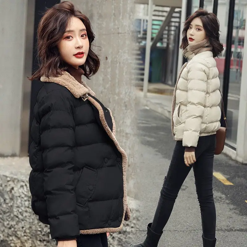 Women\'s Short Cotton-Padded Jacket  Fashion Lamb Wool Stitching down Cotton Clothing Outdoor warm comfort short coat new style