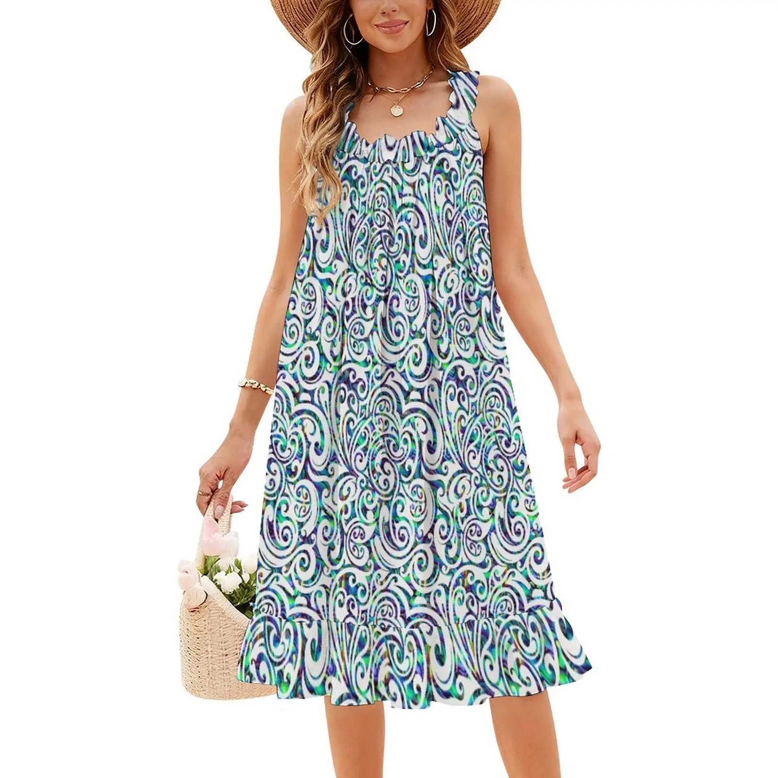 تصميم Māori مع غلاف باوا مرصع مع فستان على الطراز الكوري الأبيض الجديد للنساء فستان كاجوال أنيق للحفلات أو الارتداء اليومي