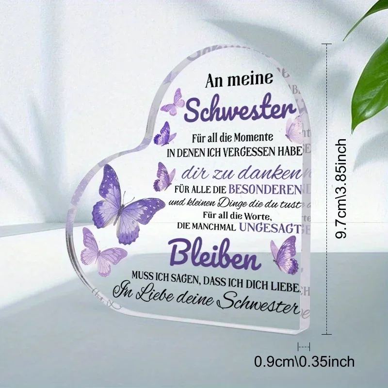 Heart Shaped Acrylic Plaque Gift for Sister Purple Butterfly Desk Decor,To My Sister German Quote Acrylic Heart Keepsake Ornament Gift