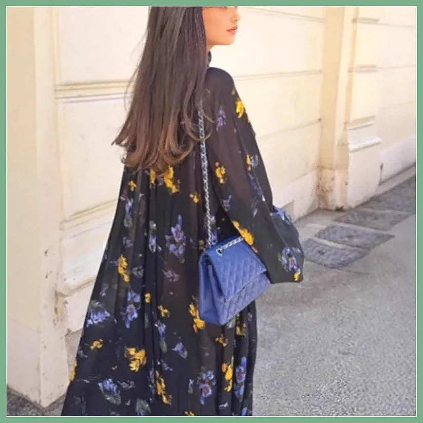 Gaun Chiffon Lengan Panjang Modis dengan Detail Tali, Motif Cetak untuk Pakaian Sehari-hari Wanita