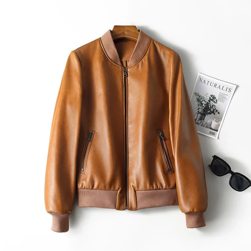 2026 New Women's Genuine Leather Jackets Fashion Streetwear Loose Stand Collar Short Casual Baseball Sheepskin Leather Jackets