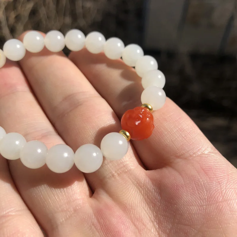 Hetian Seed Material Round Beads 8Mm Sheep Fat White Jade Bracelet Women'S Bead String