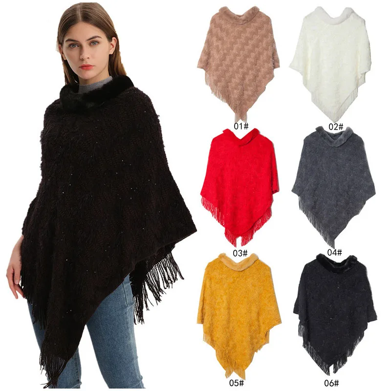

2025 New Winter Cape with Fur Trim - Women's Knitted Poncho Shawl, Warm Hooded Cloak , Elegant Solid Color Outerwear (Wholesale)