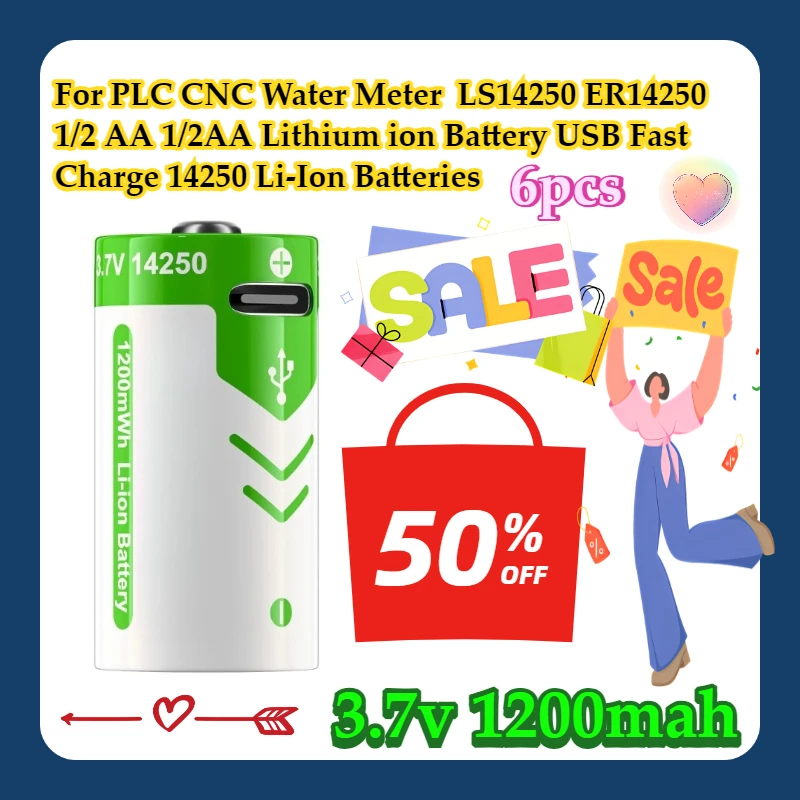 6pcs For PLC CNC Water Meter 3.7V LS14250 ER14250 1/2 AA 1/2AA Lithium ion Battery USB Fast Charge 14250 Li-Ion Batteries