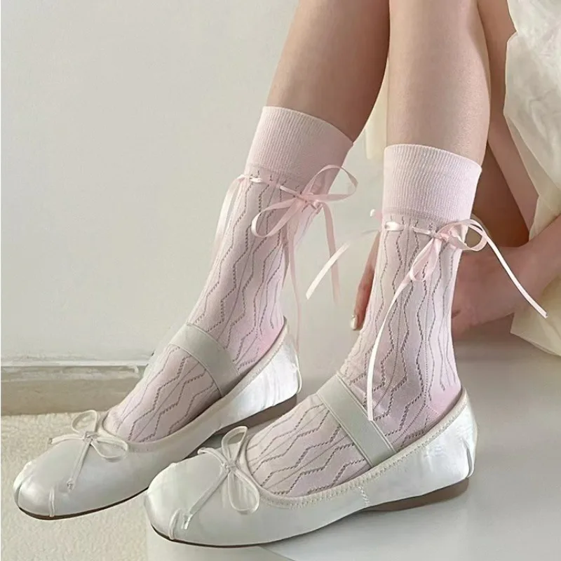 Japanese Style Cute Ribbon Bow JK Lolita Socks for Women Girls Spring Summer Sweet Bandage Breathable Mesh Hollow Socks Harajuku