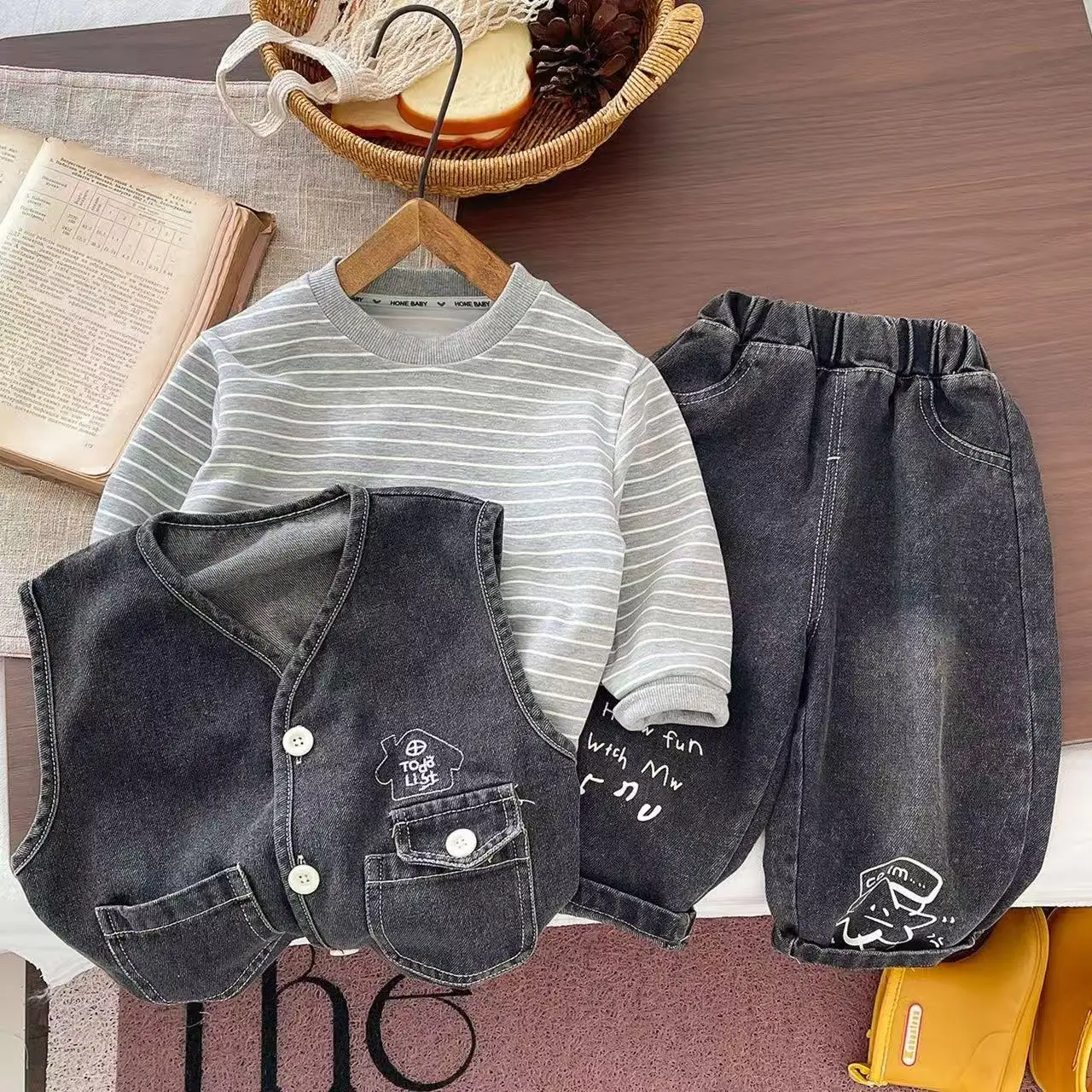 Boys' Cowboy Set 2026 Spring and Autumn New Children's Vest T-shirt Jeans 3-Piece Set Preschool Clothing