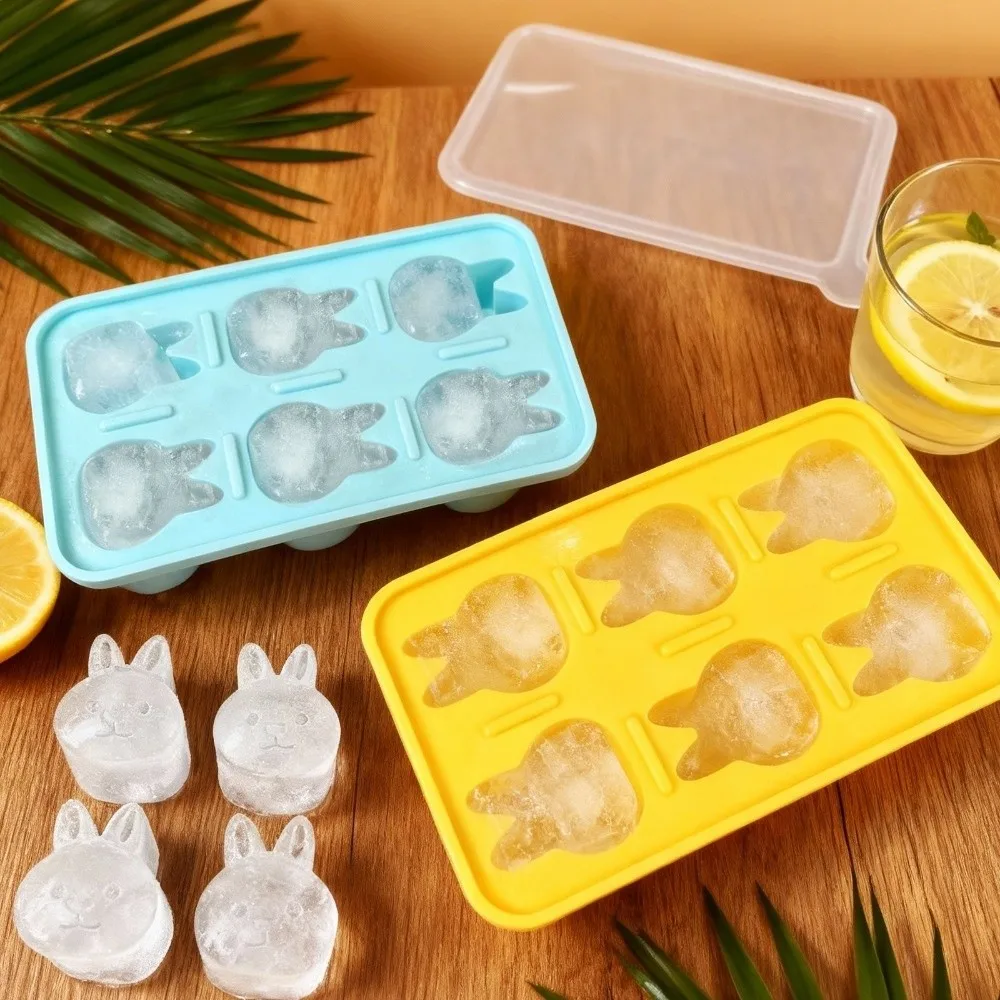 6 Grids Silicone Ice Cube Mold Flexible Strawberry Shape Rabbit Ice Cube Tray Food Grade with Lid Animal Ice Cube Kitchen Tool