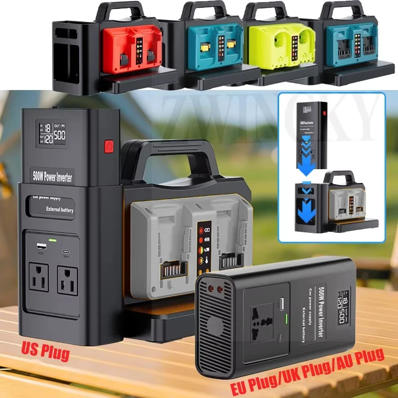 Pure Sine Wave Power Inverter For Makita For Dewal For Milwaukee For Ryobi For Bosch 18V Battery 4-Ports DC to AC Charger Plug