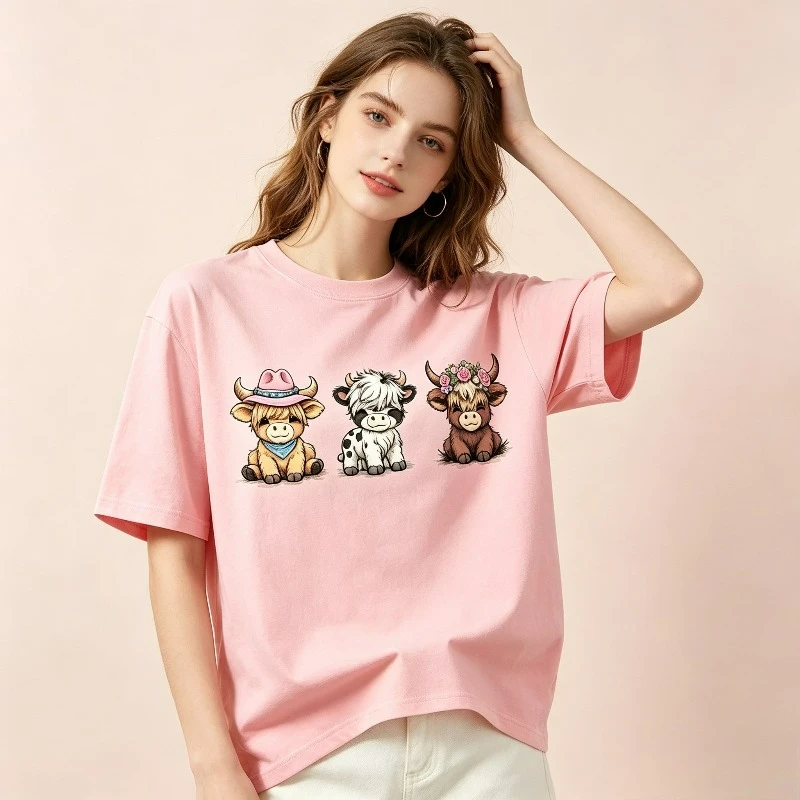 Highland Cows Print T-Shirt 100% Cotton Cute Animal Cartoon Graphic Tee Y2K Aesthetic Casual Farm Lover Tops for Women