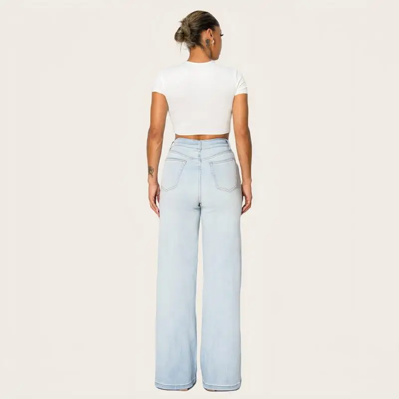 Women High Rise Stretch Wide Leg Jeans-Light Happy New Year | Fashion Casual Denim Pant SH25F13