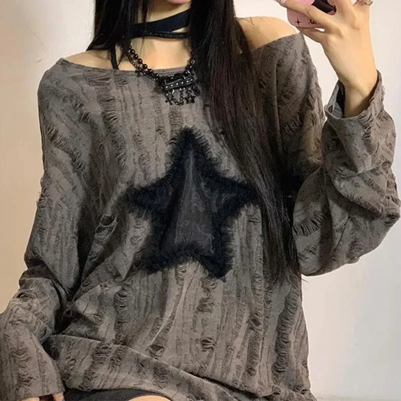 Y2K Hole Star Print T-Shirt Women Fashion Streetwear Off Shoulder Tops Summer Oversized Kpop Long Sleeve Loose Tees Ladies New