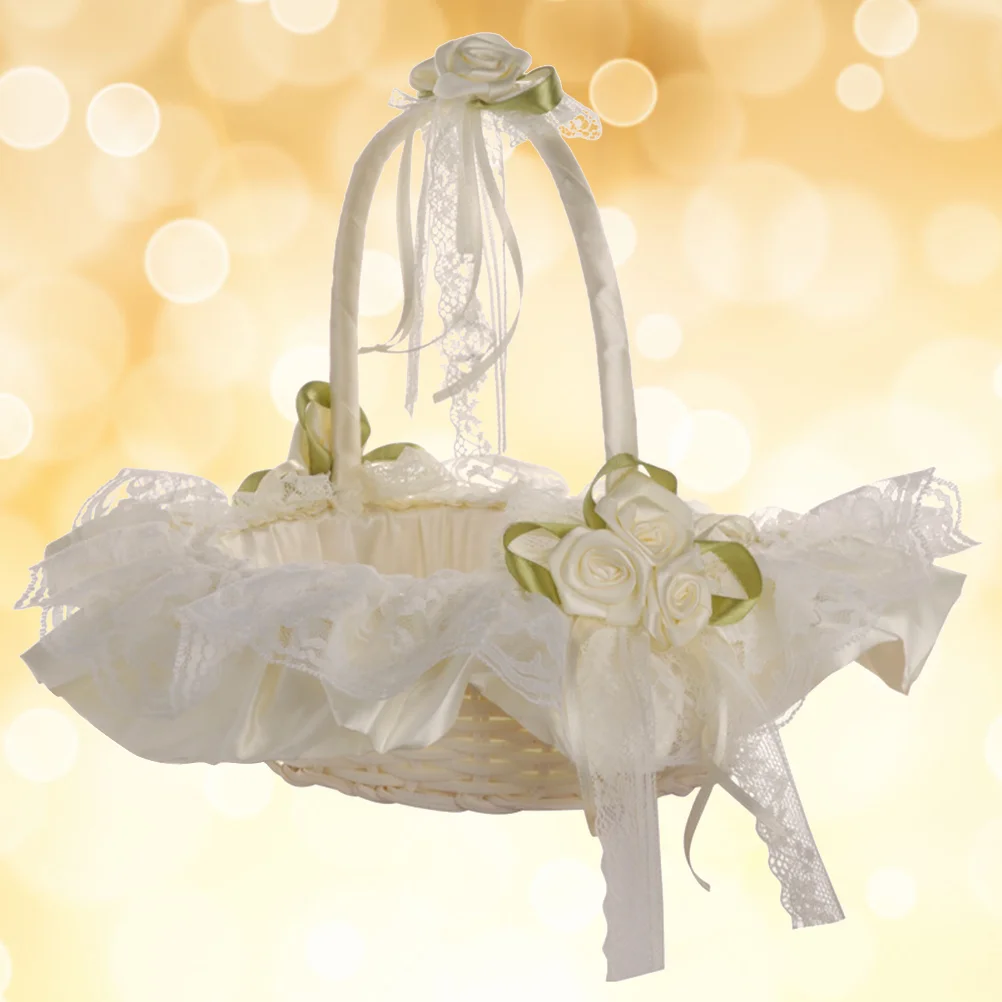 Wedding Flower Girl Basket Lace Bride Basket for Wedding Ceremony Party Decoration (Milk White) wedding basket