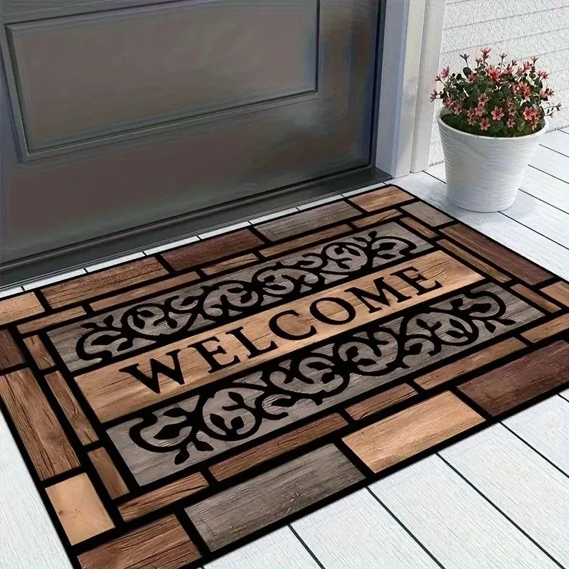 Soft Welcome Doormat Rustic Wooden Plank Vintage Floral Carved Print for Front Door Entrance Indoor Farmhouse Home Ornament
