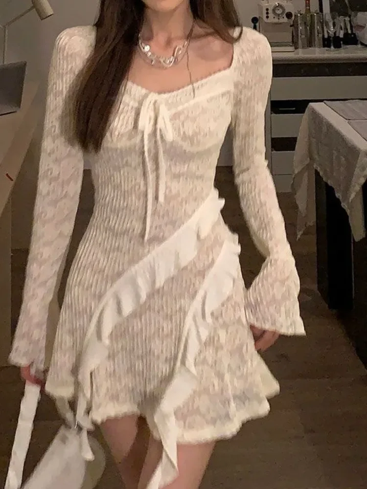 

Lace Basic Sweet Bow Women Dress Square Collar Slim Waist Tunic Streetwear Dresses Y2k Aesthetic Sexy Ruffled Grunge Vestidos