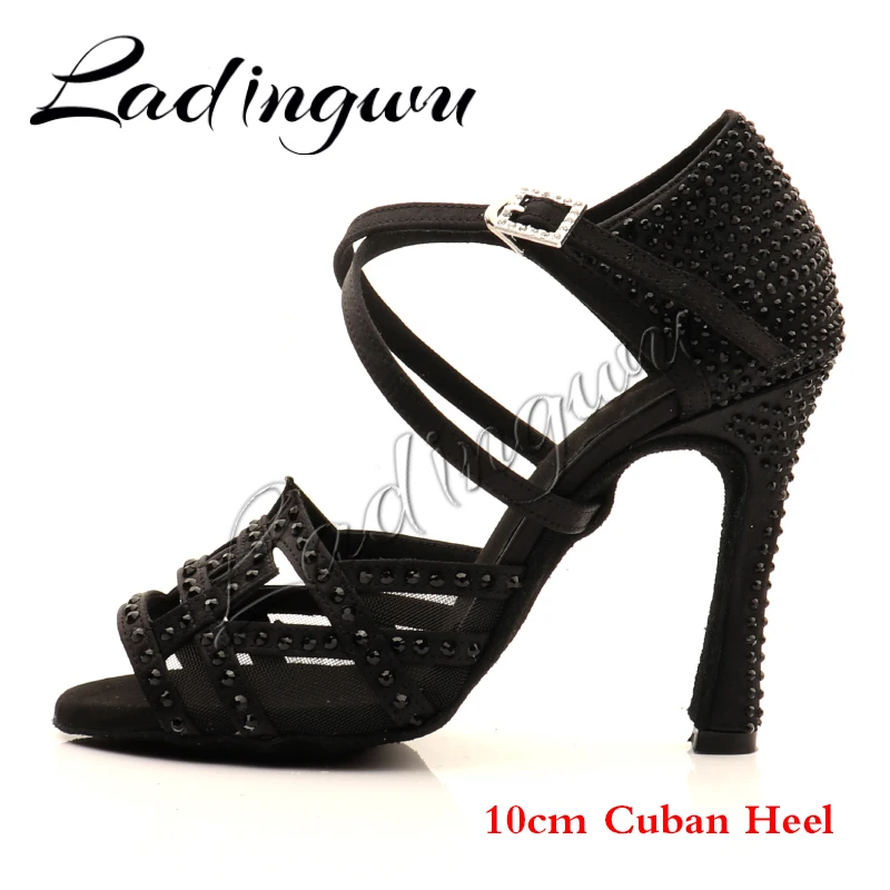 Ladingwu Dance Shoes Latin Women Rhinestone Salsa Shoes Dance Ballroom Party Profession Dance Shoes Women Heels 10cm Satin Black