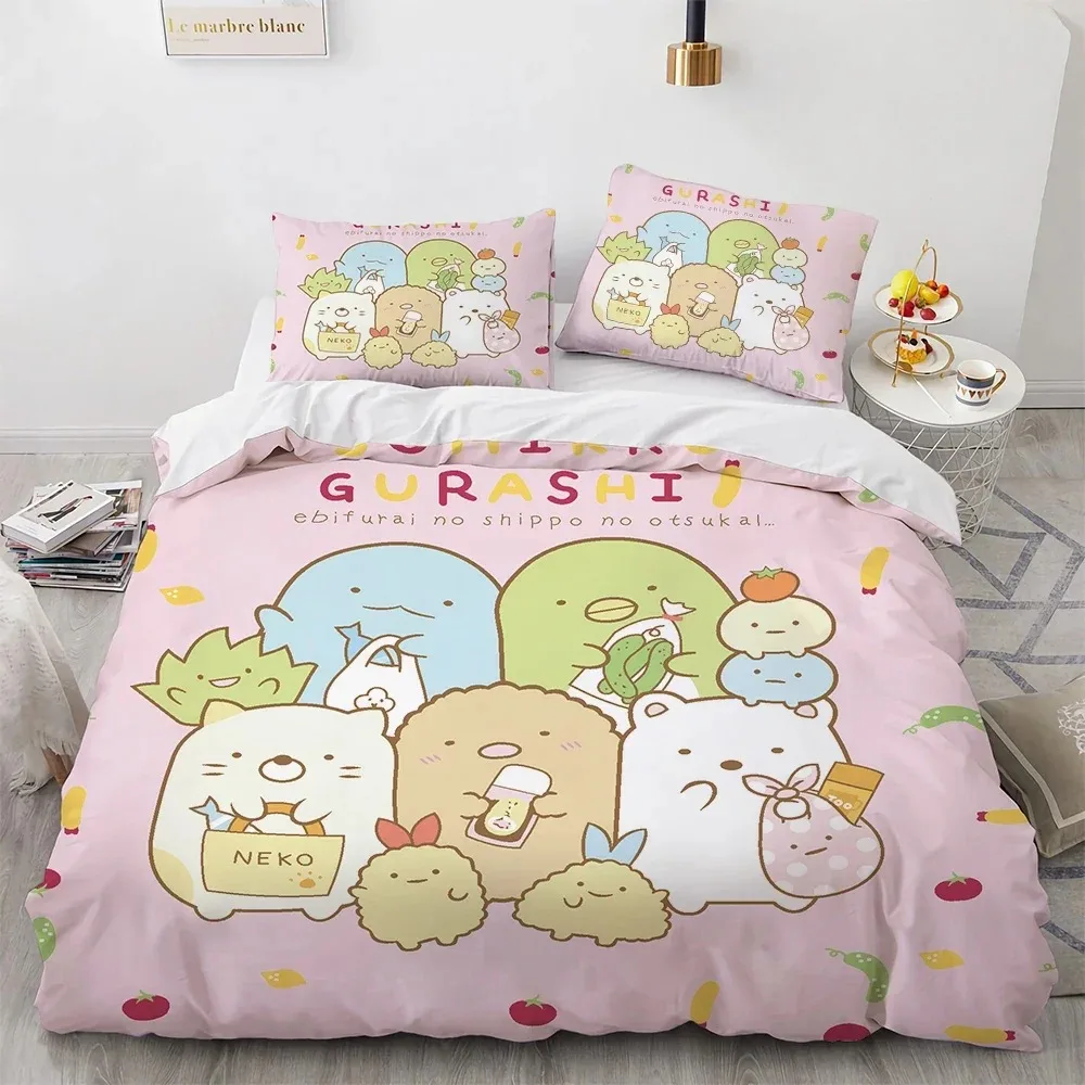 Set tempat tidur anak laki-laki dan perempuan, Anime Kawaii kartun Sumikko Gurashi ukuran Ratu kembar penutup bantal tempat tidur anak-anak dan dewasa