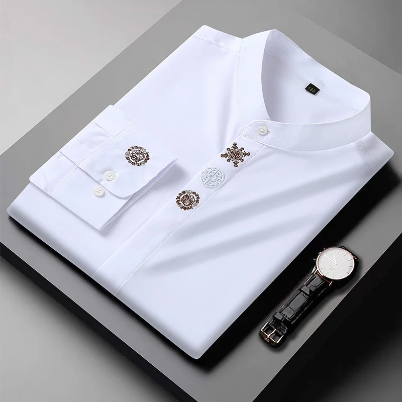 L-10XL 플러스 사이즈 남성 셔츠 루즈 만다린 칼라 긴 소매 셔츠 자수 화이트 블랙 탑 캐주얼 오버 사이즈 남성 의류