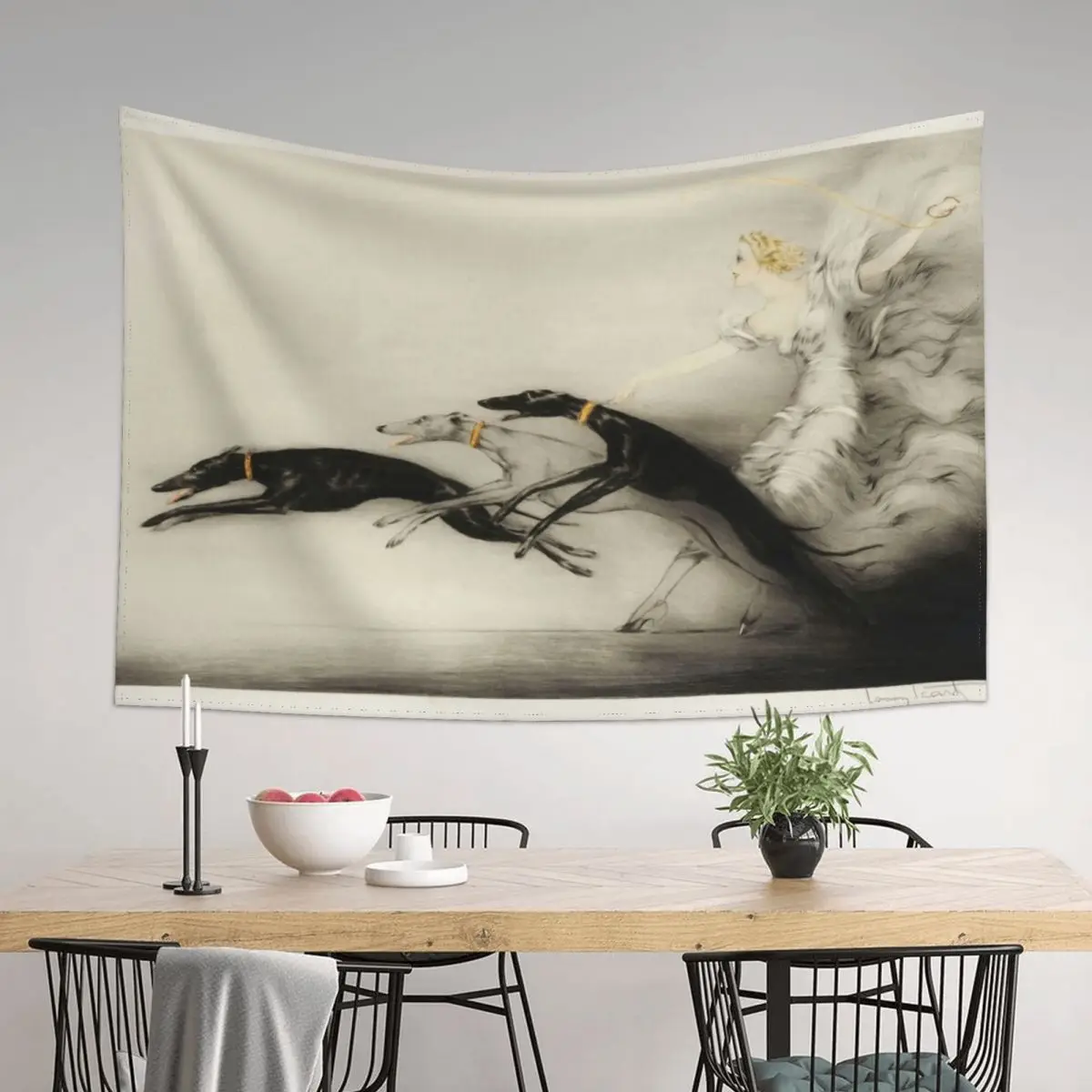 

Vintage Art Deco illustration, woman walking her greyhound dogs Tapestry Home Supplies Wall Coverings Tapestry