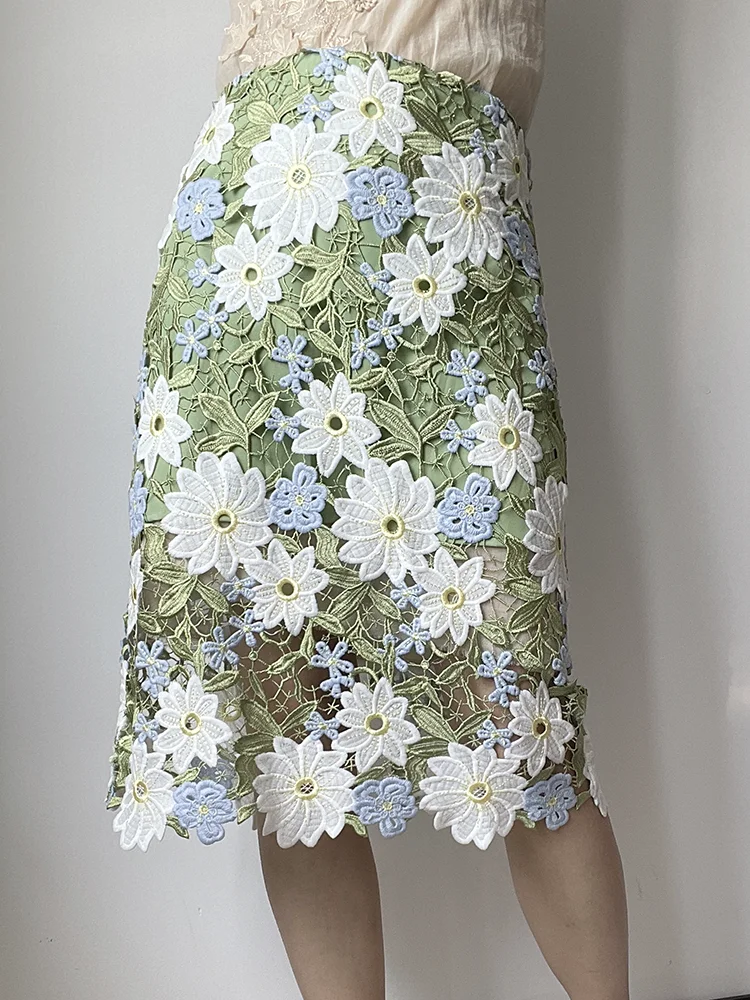 

Floral-Embroidered Lace Green Pencil Skirts High Quality Hollow Out Knee-Length A-line Skirt Vintage Women Elegant Clothes