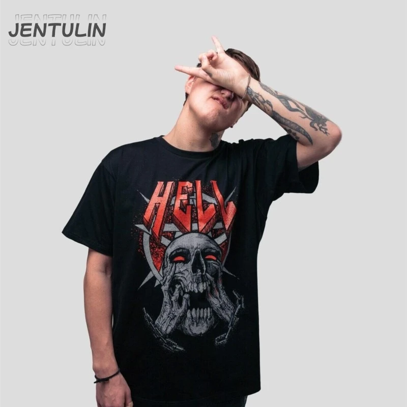 Harajuku Men Tshirt Hell Skull Print Streetwear Punk Graphic Short Sleeve Korean Fashion Top Casual Oversize Clothing Cotton Y2k