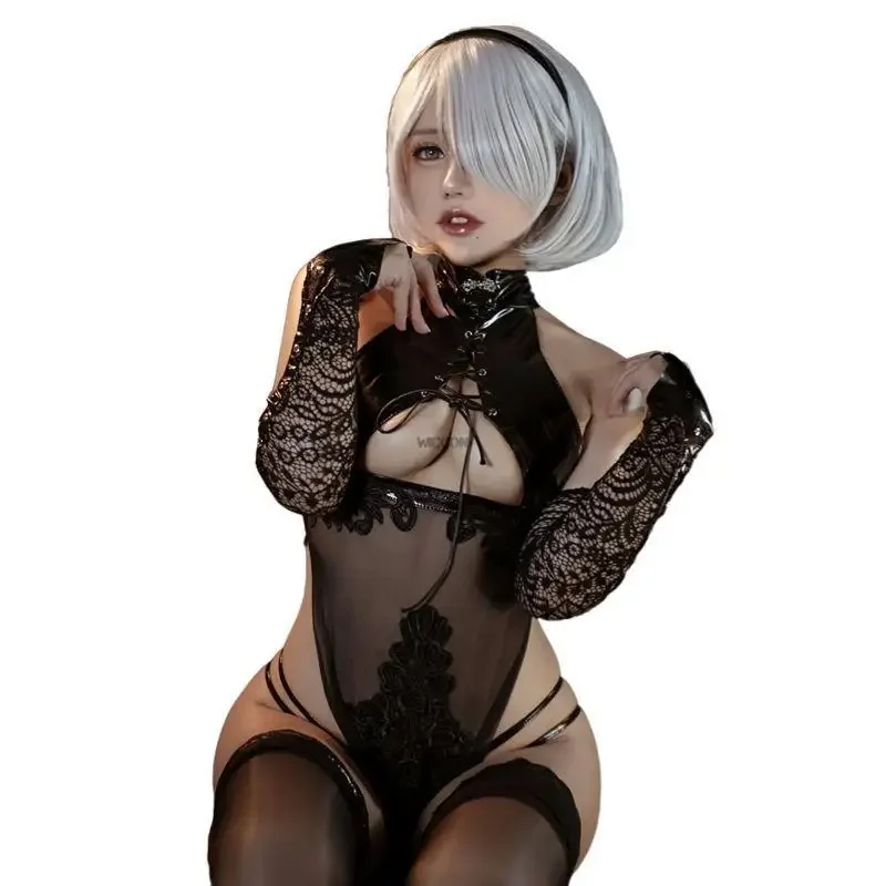 Kidney Automata Yorha 2B Cosplay Costume Womens Bandage Hollow Out Hot Sexy Lingerie Net Cheongsam Lacquer Set