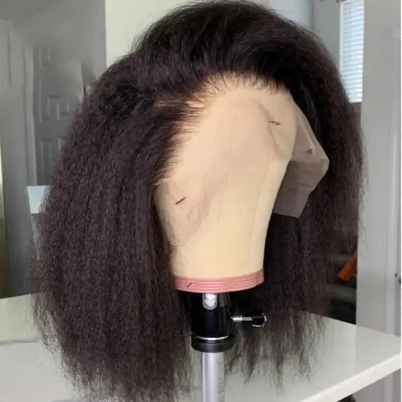 شعر مستعار ناعم أسود 180 كثافة ياكي غريب مستقيم طويل 26 بوصة باروكة أمامية من الدانتيل للنساء شعر أطفال صناعي طبيعي #2