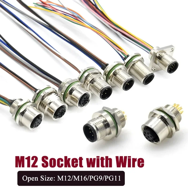M12 2 3 4 5 6 8 12 17Pin Connector Cable IP67 Waterproof Panel Front/Rrear Scoket Line Thread M12/M16/PG9 Socket with 30CM Wire