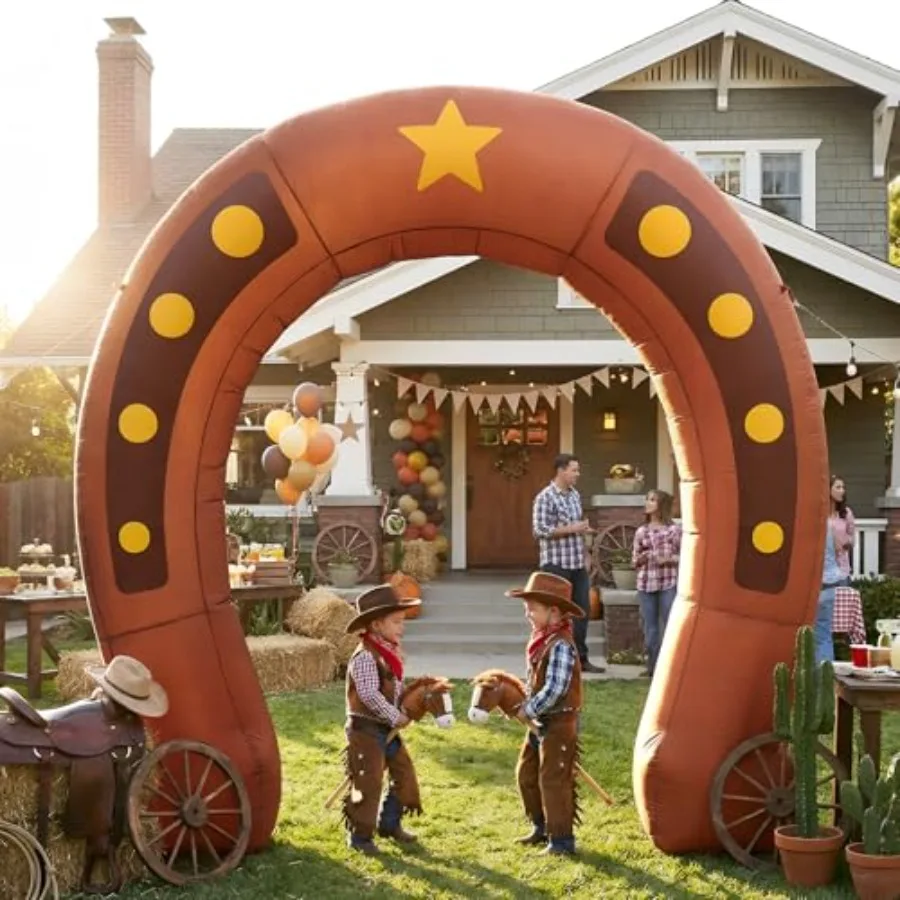 Arco inflable para fiestas temáticas del oeste, diseño de herradura de 9 pies con luces LED integradas, material de PVC duradero, color marrón y tostado.