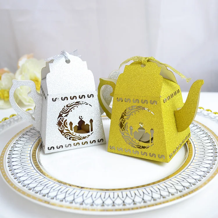 Mosque Moon Cute Teapot Design Laser Cut Eid Mubarak Candy Boxes for Ramadan Decoration