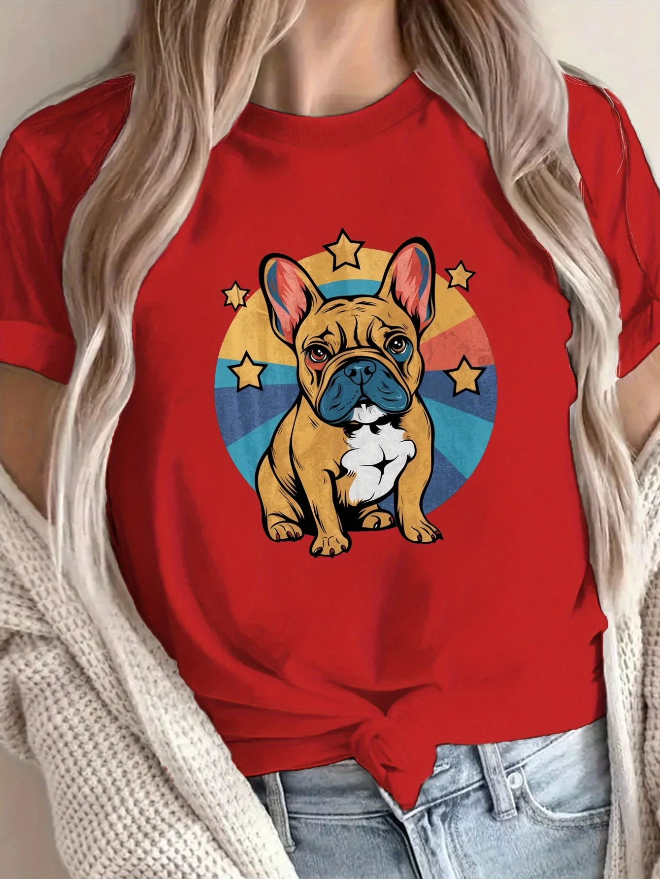 

French Bulldog Print Crew Neck T-shirt Casual Short Sleeve Top For Spring Summer Women's Clothing