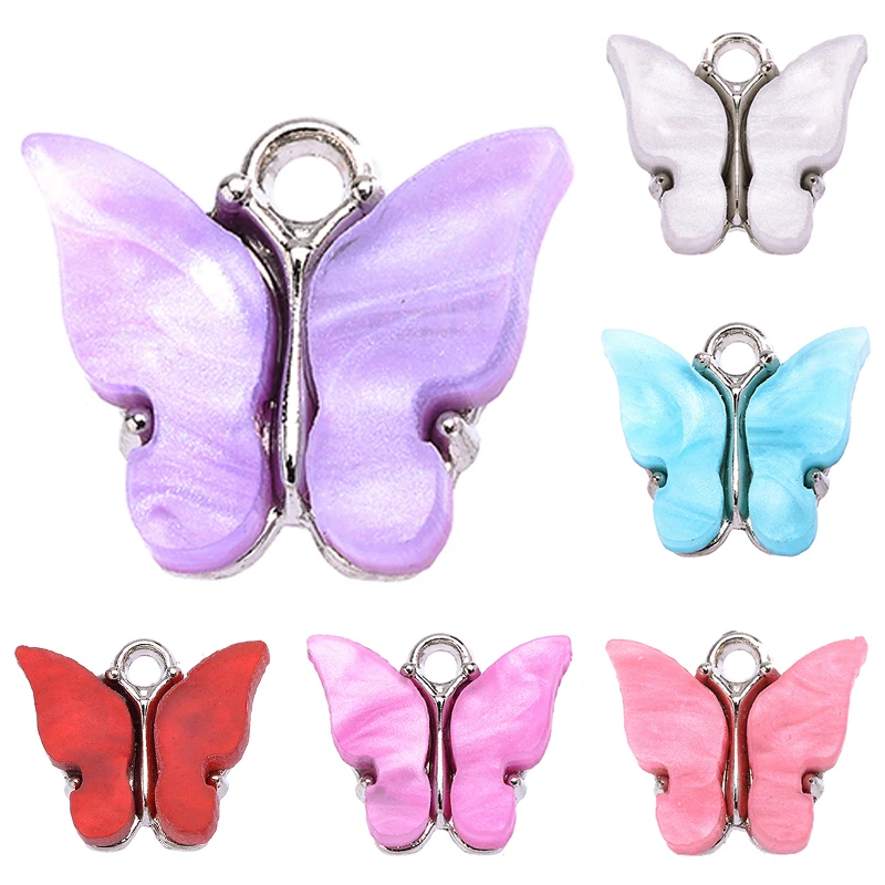 20Pcs Wholesale Cute Mixed Resin Butterfly Pendant Silver Color Alloy Charm for Earrings Necklace Bracelet Making Accessaries