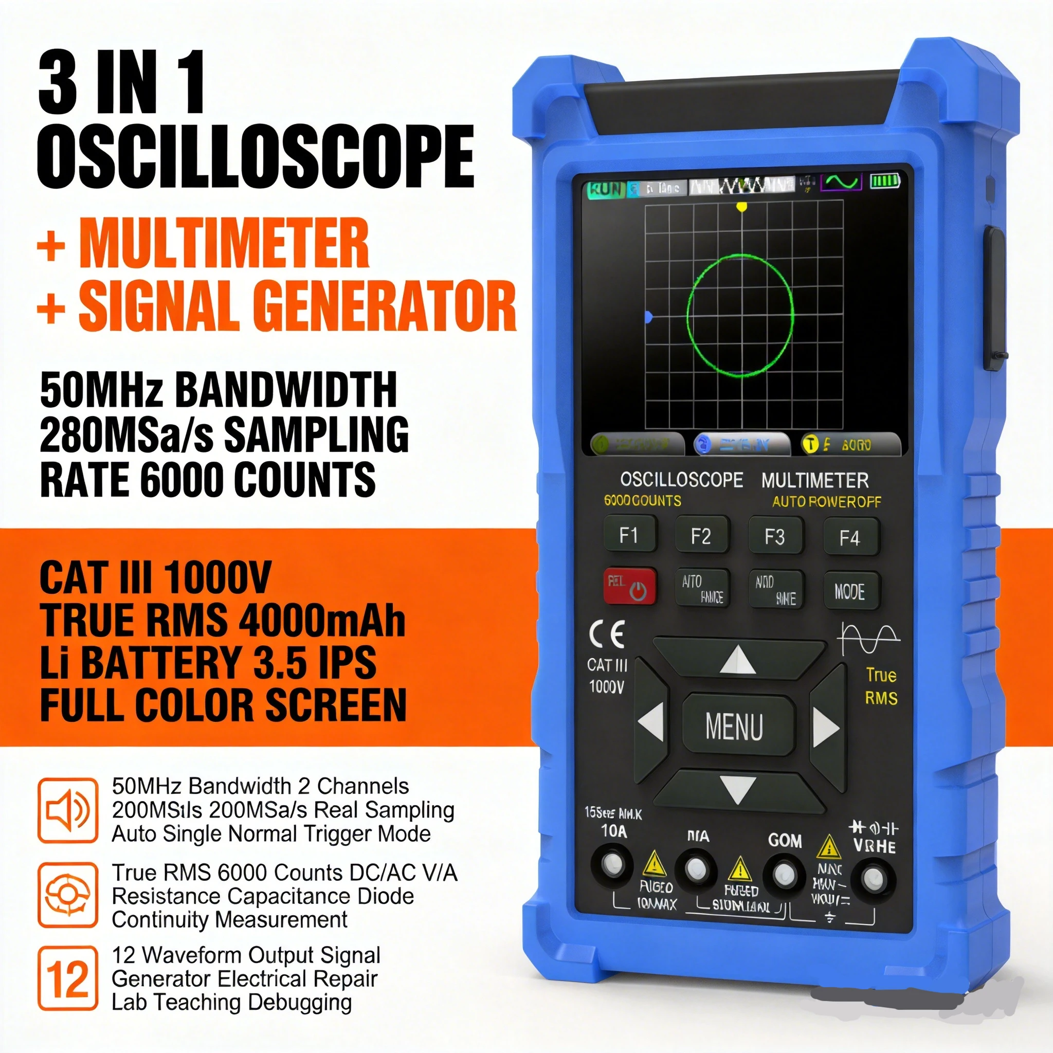 Handheld 3-in-1 Oscilloscope Signal Generator Multimeter 50MHz 280MS/s 6000 Counts True RMS IPS Holdpeak for Electronics Repair