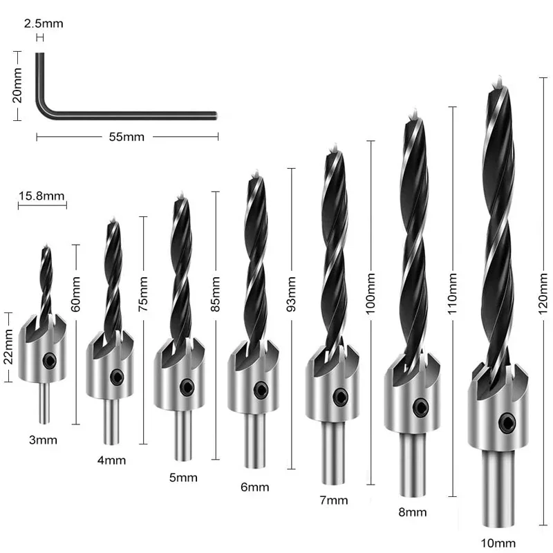 Countersink Drill Bit Set, Carpintaria Press Set, Alargador Parafuso, Ferramenta Woo, 1 Chave Hex Livre, 7Pcs