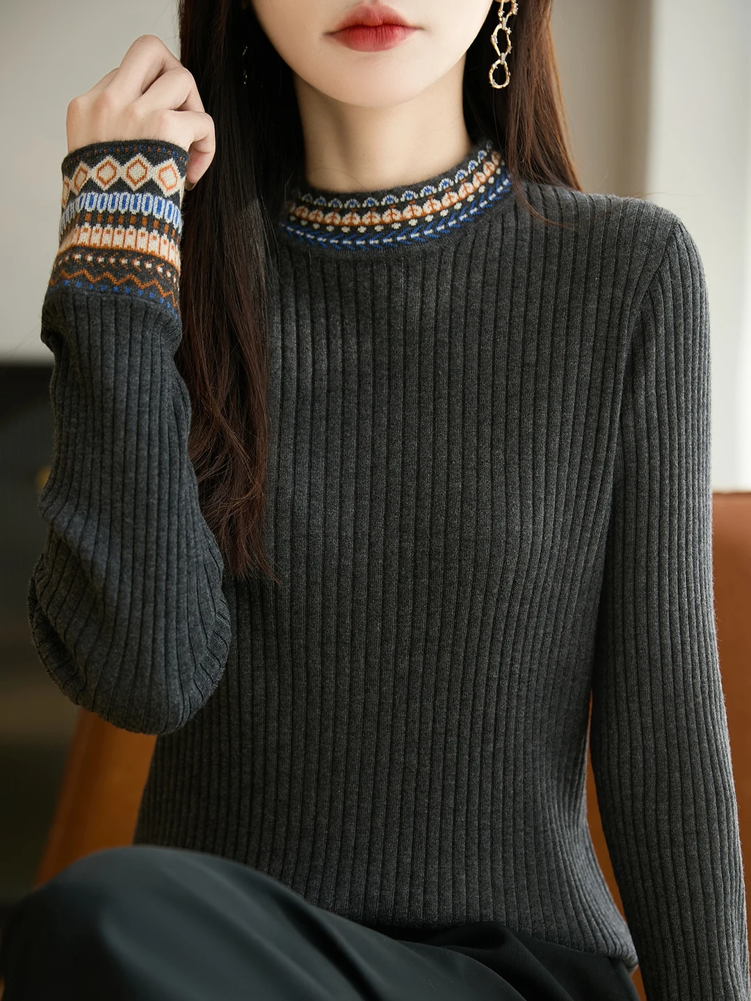 

Женский облегающий вязаный свитер с высоким воротником, длинными рукавами и бахромой, осенне-зимний, для ношения под одеждой, в этническом стиле, теплый термотоп