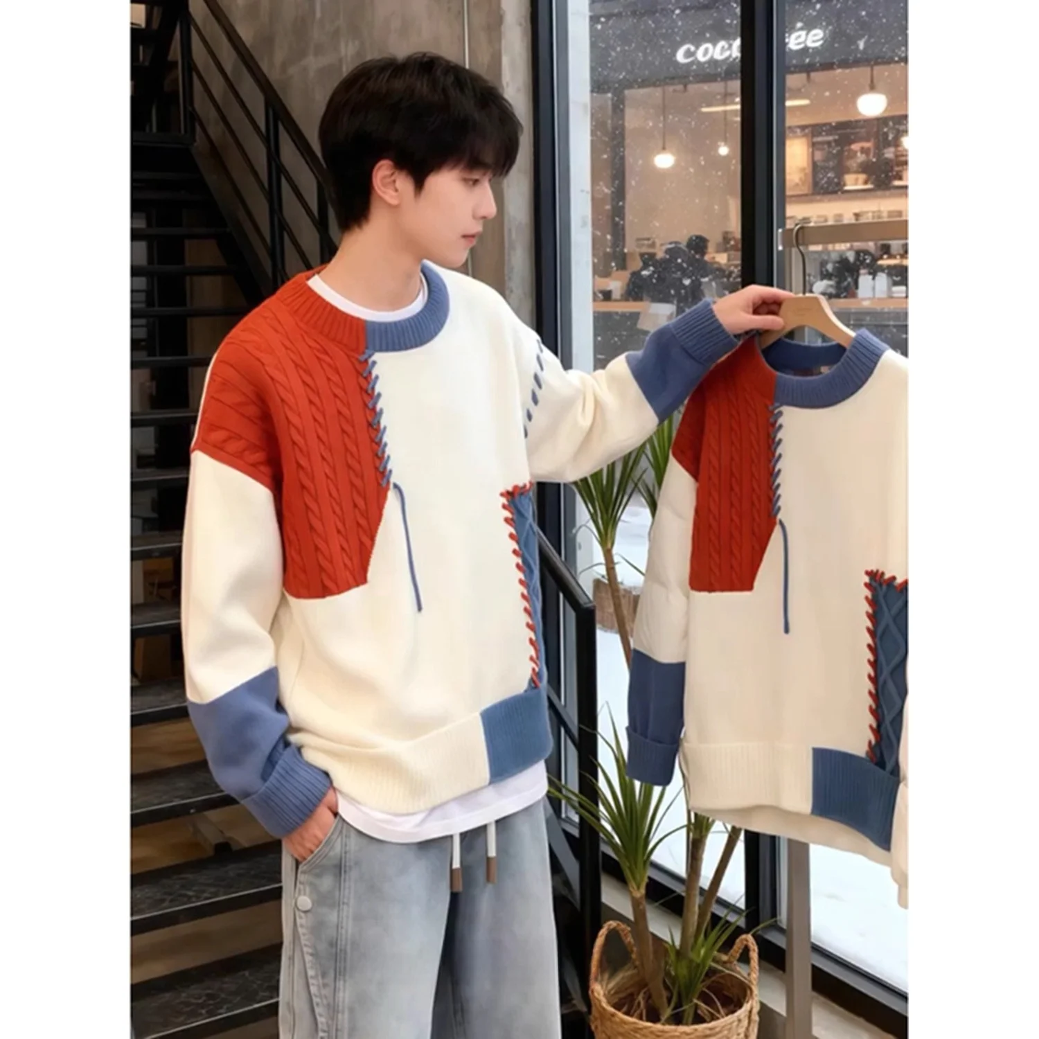 

Winter Vintage Large Size Patchwork Knitwear round Ne Casual Sweater Men's Trendy Loose Couple Match Soft Polyester Long Sl...