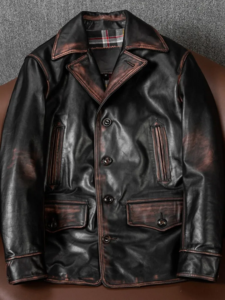 Vintage Men Real Horsehide Suit Coat Single Breasted Windproof Genuine Leather Jacket Plus Size 5XL Moto Biker Autumn Outerwear